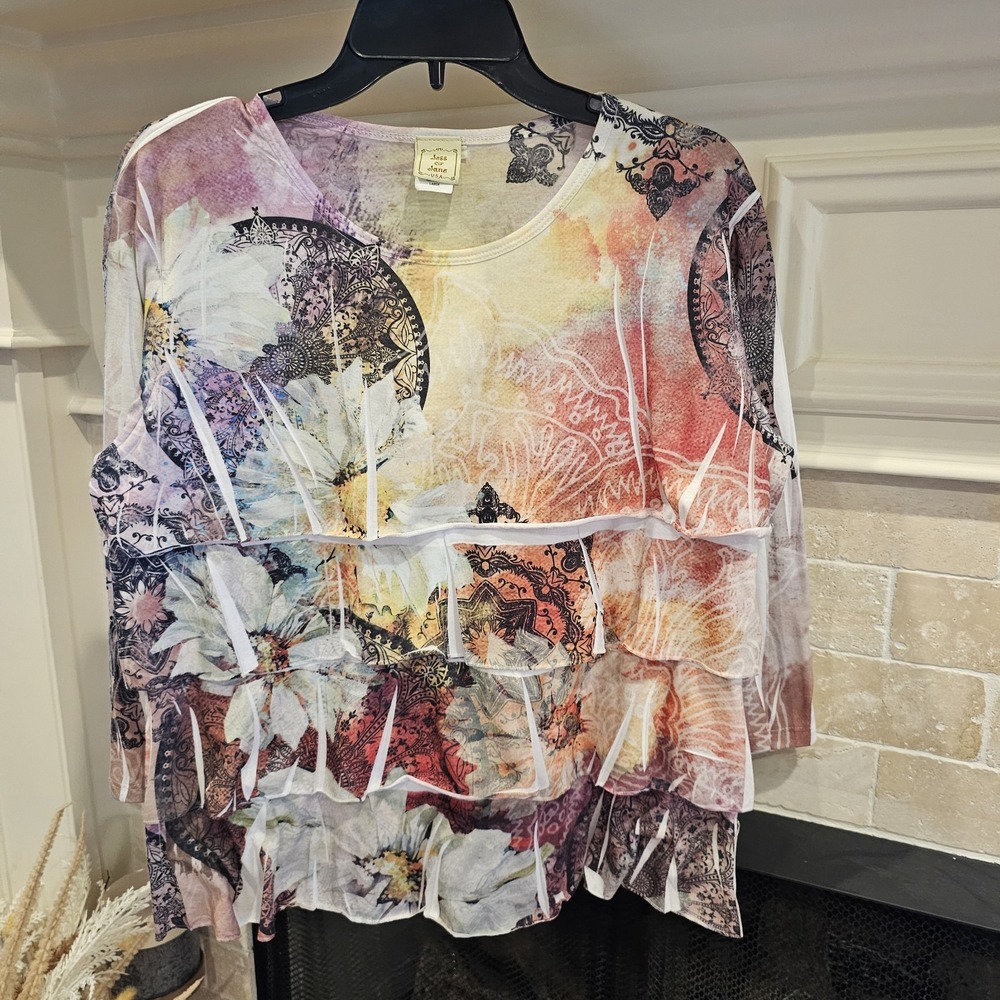 Jess & Jane Ruffled Mineral Wash Blouse Size Large Colorful Cottagecore
